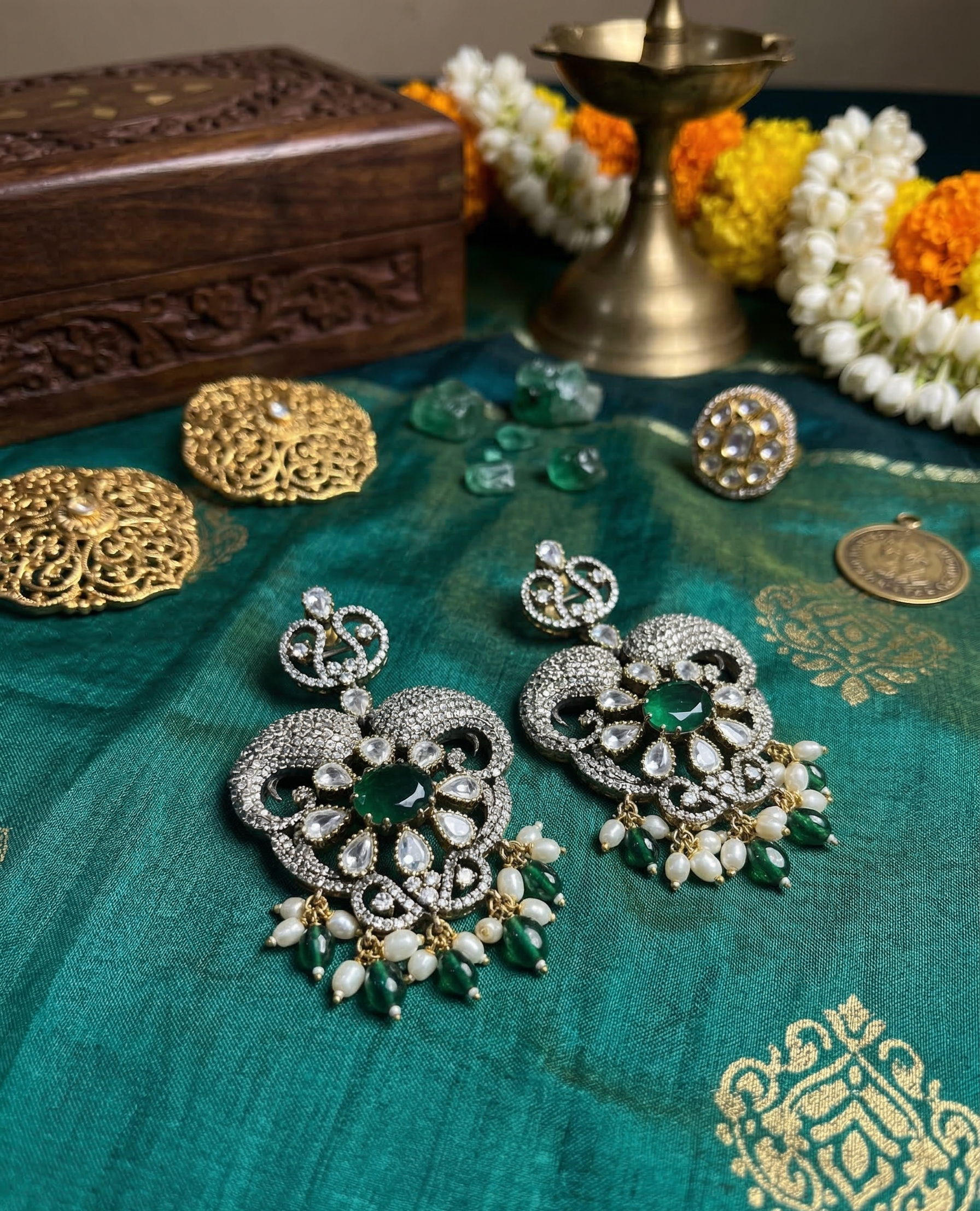 Emerald Pearl Chandbali Earrings